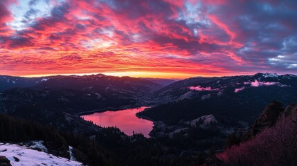 Majestic mountain range illuminated by a vibrant sunset under a colorful sky in the evening