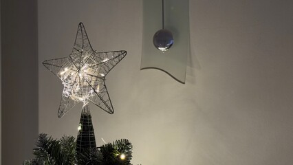Star on the Christmas tree, Christmas decoration, Christmas background 