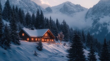 Fototapeta premium Cozy cabin nestled in snowy mountains at dusk with warm lights glowing through windows