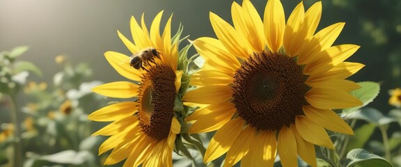 Fototapeta premium Sunflower with a bee perched on top collecting pollen, garden, plant