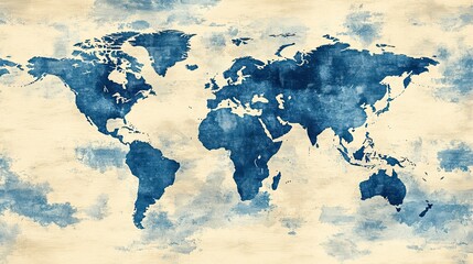 Blue world map showing continents on grunge background