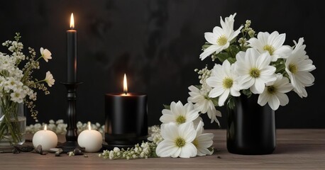 Symbolic representation of mourning with white flowers and a flickering black candle, somber mood, sorrowful occasion, memorial arrangement