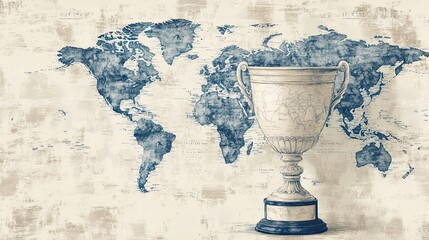 Trophy celebrating global victory on world map background