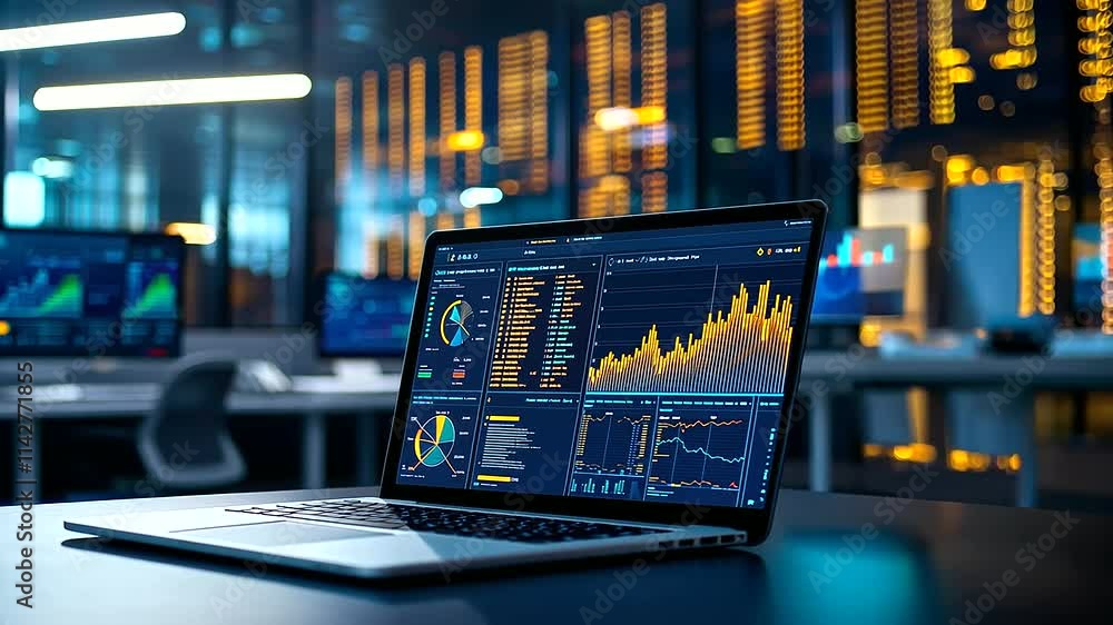 Poster high tech business dashboard with data analytics screens