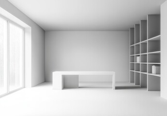 Minimalist Interior Design Featuring a Sleek White Desk and Open Shelving Against a Bright, Spacious Wall in a Modern Office Environment