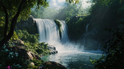 Tranquil waterfall cascading through lush greenery in a serene forest setting at midday