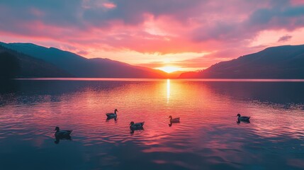 Naklejka premium Sunset over a tranquil lake with ducks swimming peacefully in the serene water landscape