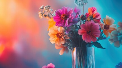 Obraz premium Brightly colored flowers in a glass vase create a vibrant display against a colorful backdrop