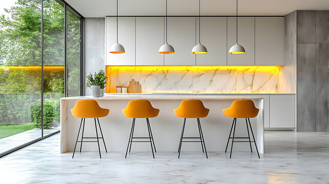 Modern Kitchen Island 3D Illustration, Yellow Stools, Marble