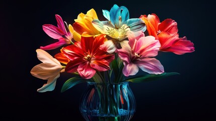 Brightly colored flowers in a glass vase create a vibrant display against a colorful backdrop
