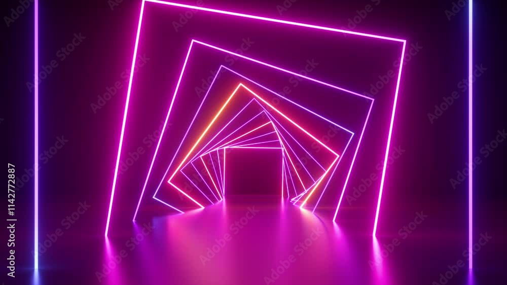 Poster looped 3d animation. abstract geometric background. square neon frames rotating, glowing and flashin