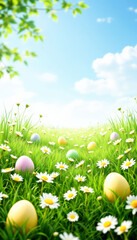 A lush green meadow scattered with colorful Easter eggs and daisies under a bright blue sky, creating a cheerful and vibrant scene perfect for a banner background.
