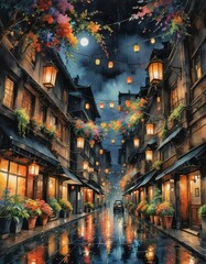 Naklejka premium An illustration of a beautiful Asian garden in the rain.