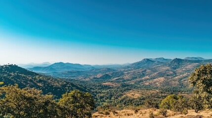 Panoramic view of rolling hills and valleys under a clear blue sky in a serene mountain landscape
