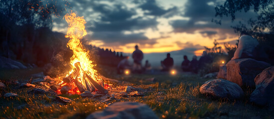 A warm campfire glows as friends gather around under a twilight sky, sharing stories and creating lasting memories.