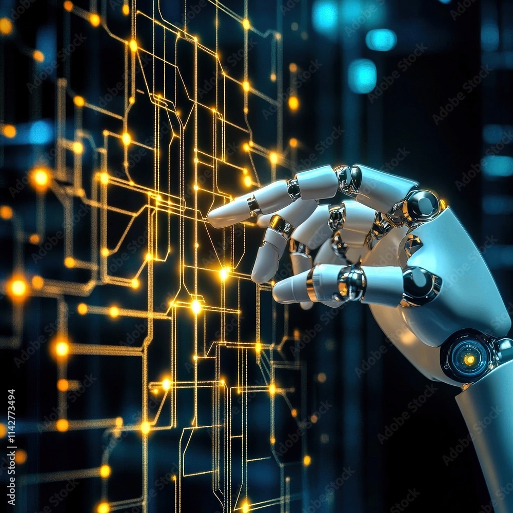 Aufkleber a robotic hand interacts with a glowing circuit board, symbolizing advanced technology and the fusio