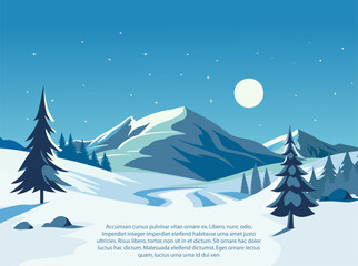 Vector template for a winter postcard. Mountains, snow, echoes in blue tones. Banner, flyer.