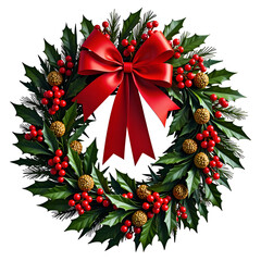 Festive wreath with red berries and golden accents for seasonal cheer, digital art of floral arrangement concept.
