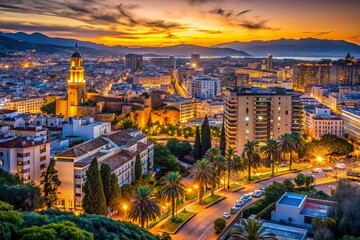Naklejka premium Málaga Urban Planning Night Photography: Low Light Cityscape, Architectural Details, Urban Development, Night Scene, City Lights, Malaga Streets
