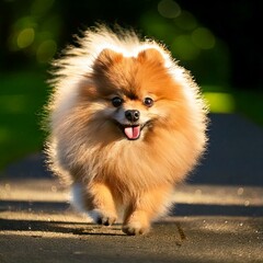 Obraz premium A happy brown Pomeranian, tongue out, joyfully races through the green park on a sunny day, the light highlighting its beautiful fur—an ideal moment for any dog owner to cherish.