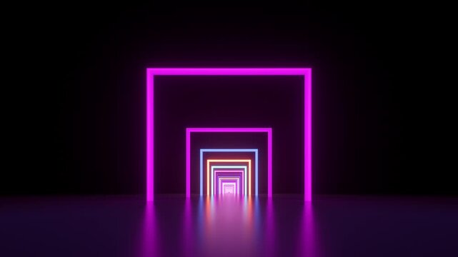 moving forward the endless tunnel with colorful neon square frames. Abstract geometric background. Looped 3d animation