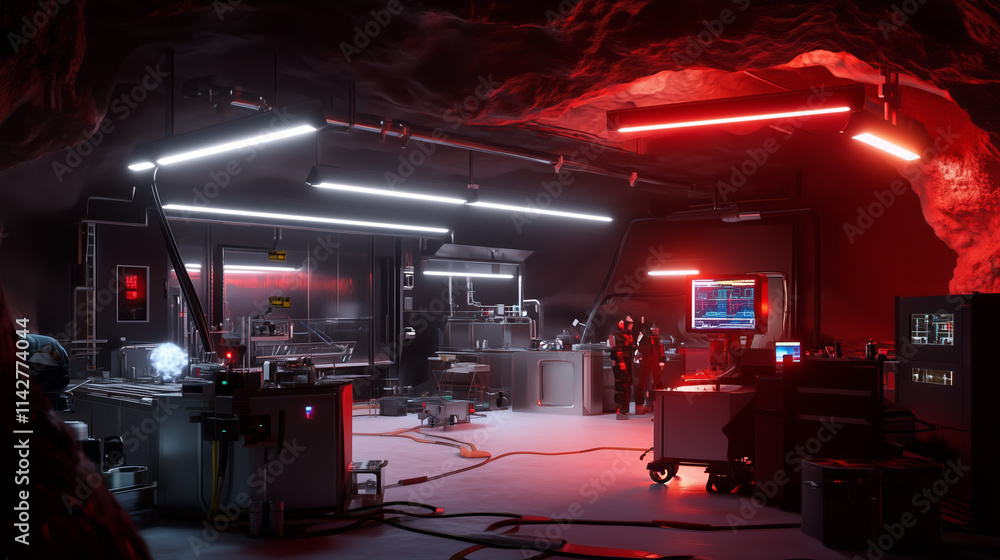 Poster advanced technology laboratory inside a cave with illuminated workstations and scientists conducting