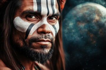 Portrait of a man with tribal face paint gazing intensely against a cosmic background