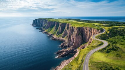 Obraz premium Magnificent coastal view with cliffs and winding road near the ocean on a sunny day