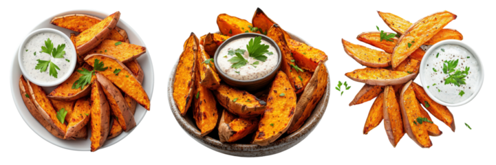 A Set of Roasted Sweet Potato Wedges with Dipping Sauce Isolated on Transparent Background