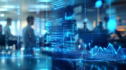 Futuristic digital data display in modern office environment.