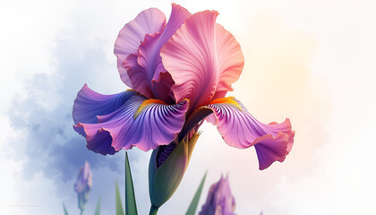 Beautiful iris flower in watercolor style with soft pink and purple petals
