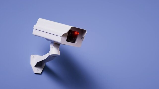 cycled 3d animation. Wall mounted security camera rotates and record video. Surveillance and monitoring concept