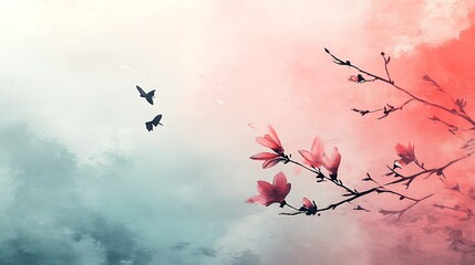 Pink Magnolia Blossoms and Butterflies in a Soft Sky