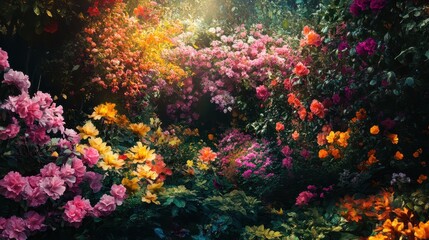 Obraz premium Vibrant garden filled with blooming flowers under golden sunlight during a serene summer afternoon