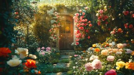 Obraz premium Vibrant garden filled with blooming flowers under golden sunlight during a serene summer afternoon