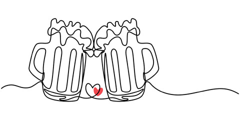 Continuous line drawing two glasses of bear clinking. Beer spray. Vector illustration, Two glasses of beer one line continuous. Line art glasses of beer. Hand drawn vector art, Craft drink alcohol. 