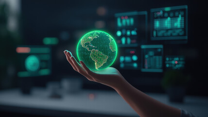 futuristic hologram displaying hand holding glowing globe, symbolizing technology and global connectivity. background features digital data and graphs, enhancing tech theme