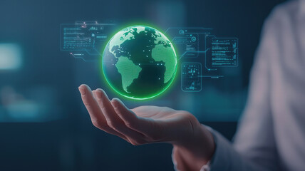 Fototapeta premium futuristic hologram displaying hand holding glowing globe, symbolizing technology and global connectivity. image conveys innovation and digital advancement