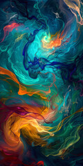 Dive into the depths of an abstract underwater world, where swirling currents of bold colors meld with organic shapes, evoking a sense of mystery and wonder