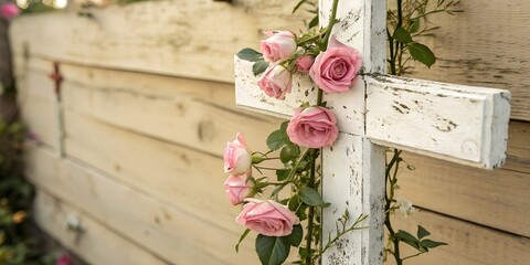 Close-up of a rustic white cross with blooming pink roses climbing its surface, set outdoors against a blurred wooden fence background. A symbolic spring and Easter design.