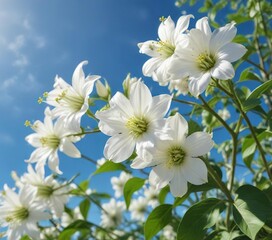 Fototapeta premium White chili flower against a clear blue sky backdrop, vibrant colors, traditional farming