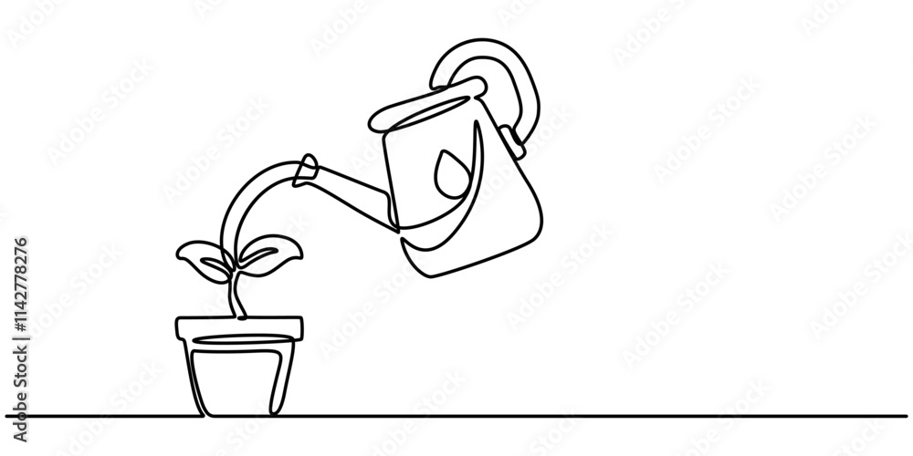 Poster continuous single line sketch drawing of watering can plant tree seedling growth. one line art of na