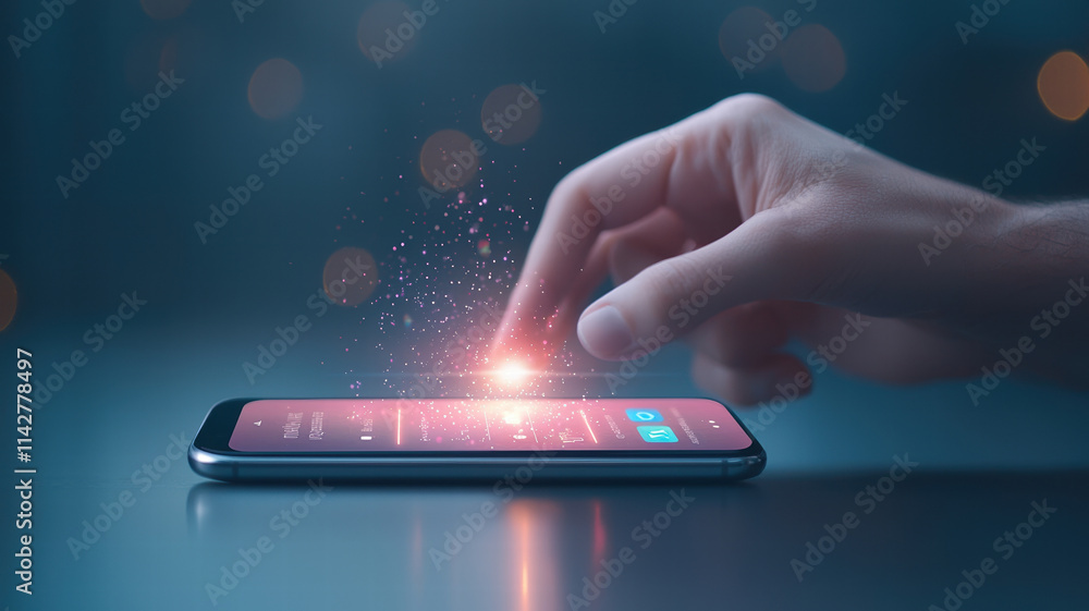 Poster hand tapping on smartphone screen, creating magical glow with sparkles. scene captures essence of te