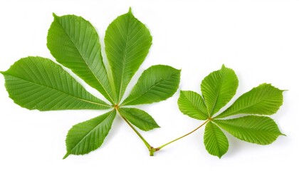 Fototapeta premium Two chestnut branches with fresh green leaves lying on a white background, full depth of field