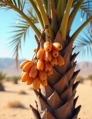 Close-Up of a Date Palm Tree with Vibrant Orange Dates Hanging in Clusters Against a Desert Landscape and Clear Blue Sky, Highlighting Nature's Beauty and the Essence of Tropical Agriculture
