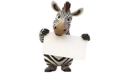 Cute cartoon zebra, holding a blank sign isolated on transparent background