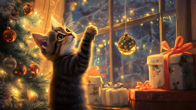 playful cat reaching for shiny ornament near decorated Christmas tree, surrounded by festive gifts and warm lights, creating cozy holiday atmosphere