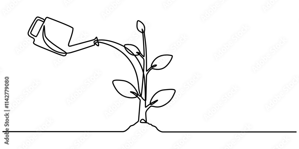 Poster continuous single line sketch drawing of watering can plant tree seedling growth. one line art of na