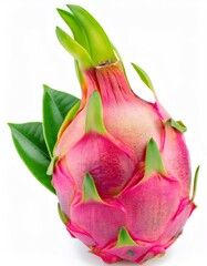 Fototapeta premium Vibrant dragon fruit showing its unique skin texture and fresh green leaves, isolated on a white background