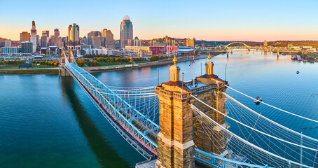 Aerial Panorama Roebling Bridge Cincinnati Skyline at Golden Hour